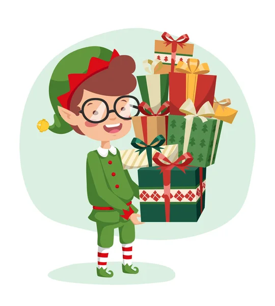 Elfe mit einem Geschenk auf blauem Grund — Stockvektor