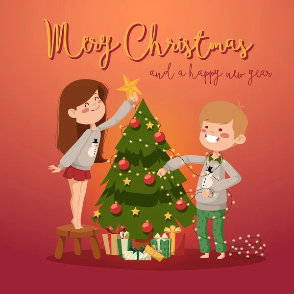 Rodina zdobení vánočního stromku Stock Ilustrace
