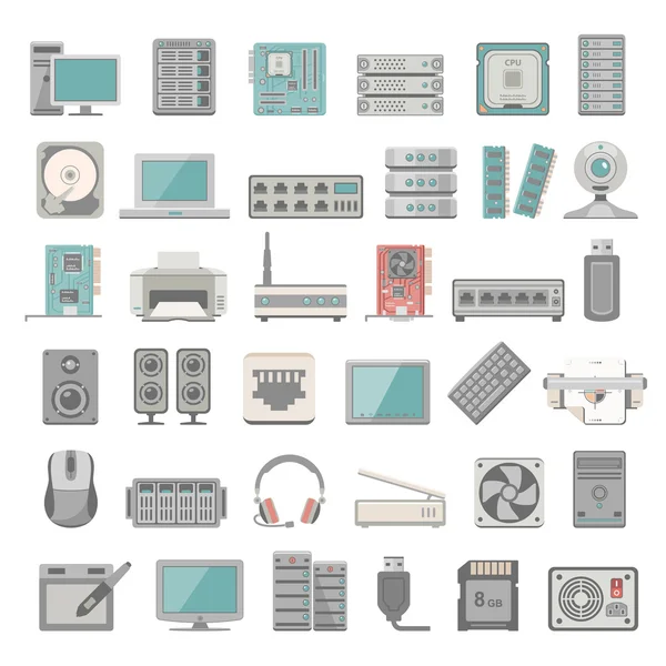 Platte Icons - Computer en netwerkhardware — Stockvector