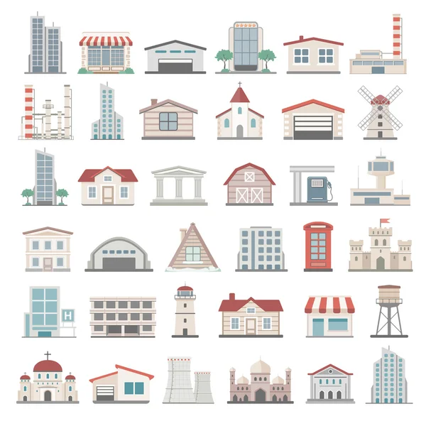 Iconos planos - Edificios — Vector de stock