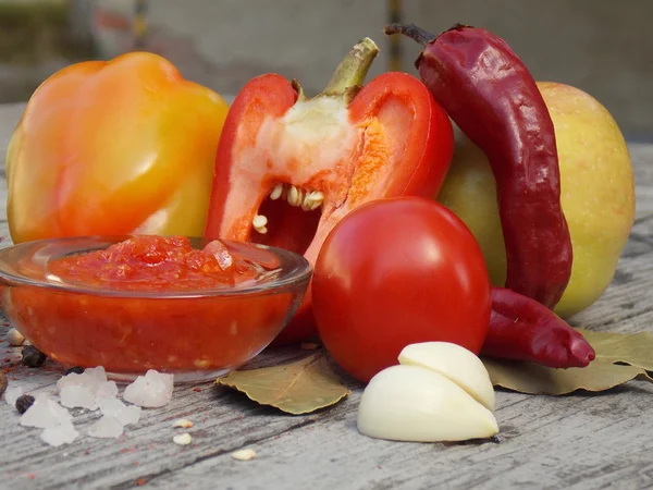 Condimento rosso ajika e ingredienti — Foto Stock