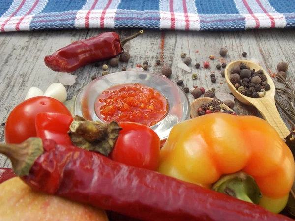 Pimienta de chile, pimiento morrón, tomate, especias - ingredientes para condimentos fragantes de ajika — Foto de Stock