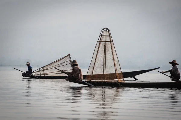 Three fishmen at Inle Lake — Stock Photo, Image