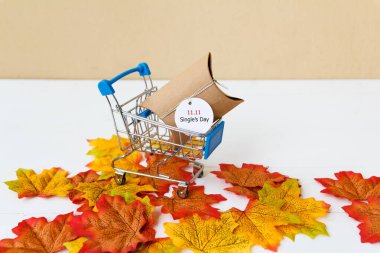 Bekarlar Günü Çin konsepti, 11.11. Alışveriş arabasındaki hediye kutusu ve metin 11: 11 single 's day sale with copy space.
