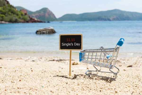 Online shopping of China, 11.11 single\'s day sale concept. The shopping cart and the text 11.11 single\'s day sale on the beach.