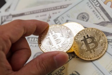 Adam Bitcoin 'i sahte nakitin üstüne istifliyor. Kripto para birimi dijital para kavramı