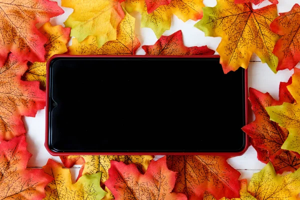 Smartphone Text Screen Maple Leaf Background — Stock Photo, Image