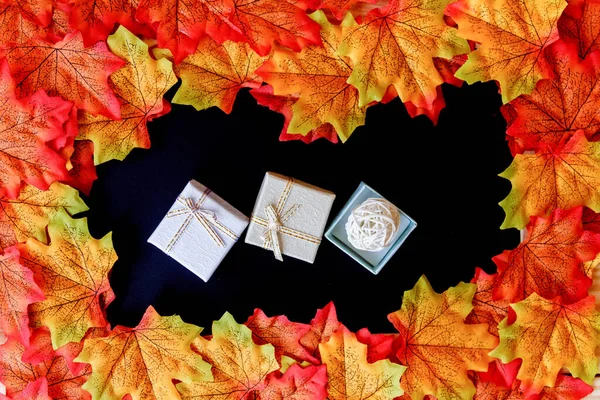 Maple Leaf Mini Gift Box Black Background — Stock Photo, Image