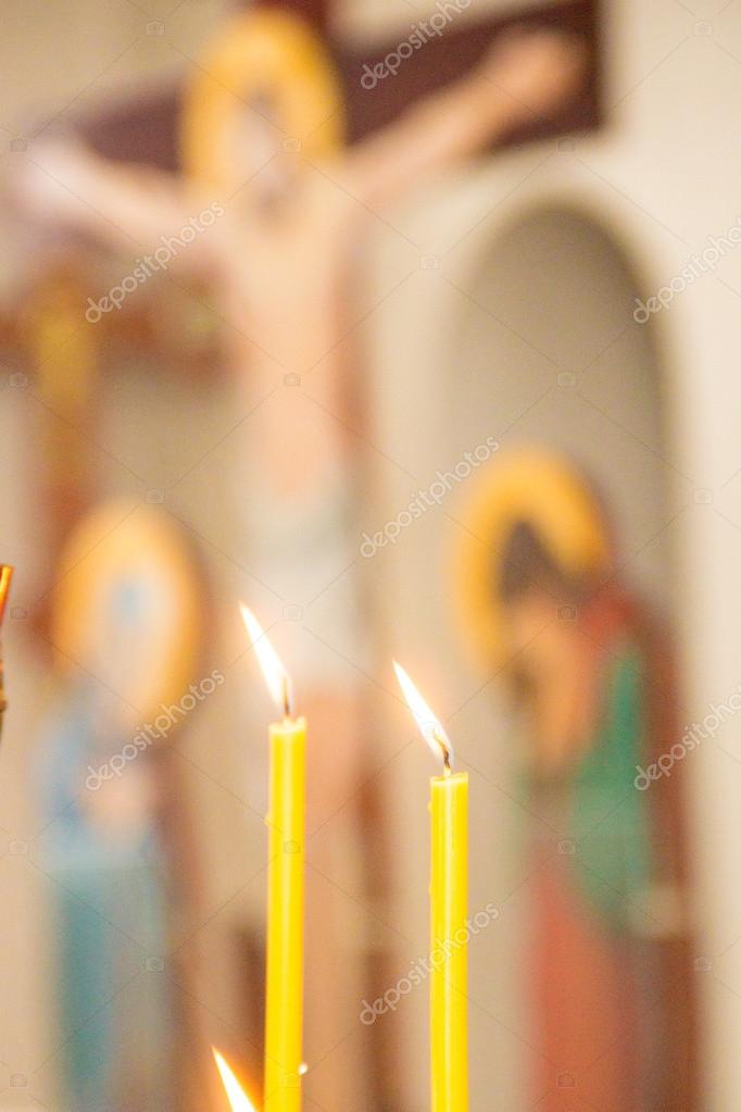 Orthodox Church, candles, cross, baptism, baptismal font Stock Photo by