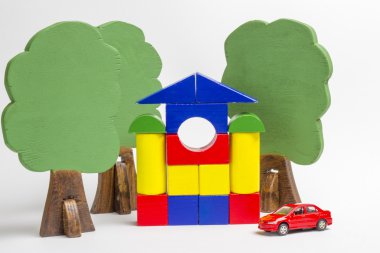 Tahta bloklar, ağaçlar, euro para, mod ahşap resimler evi