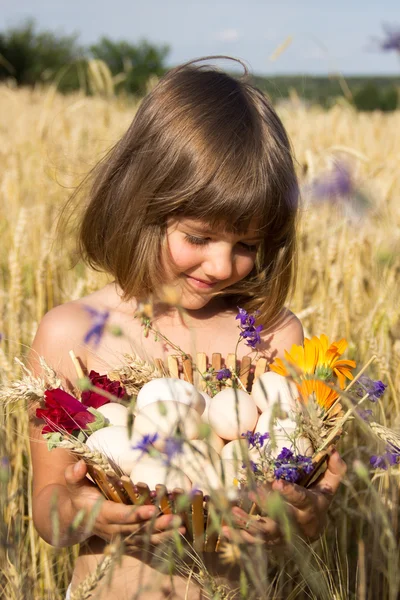 Campo de trigo, flores de milho, orelhas, céu azul, verão, menina 4-6 anos — Fotografia de Stock