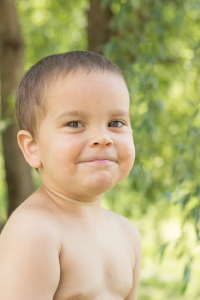 Mały chłopiec, dwa lata stary, uśmiechnięty, lato, nago do pasa — Zdjęcie stockowe