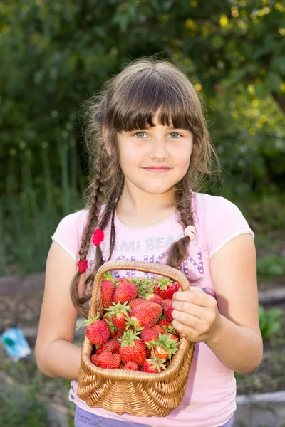 Liten flicka, 8 år, brunett, hålla en flätad korg fylla — Stockfoto