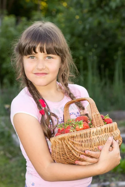 Liten flicka, 8 år, brunett, hålla en flätad korg fylla — Stockfoto