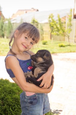 young girl, brunette, playing with puppies German shepherd on a 