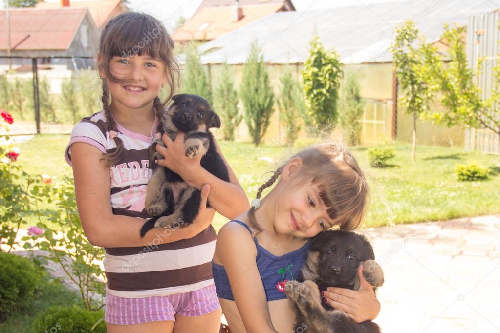 young girl, brunette, playing with puppies German shepherd on a 