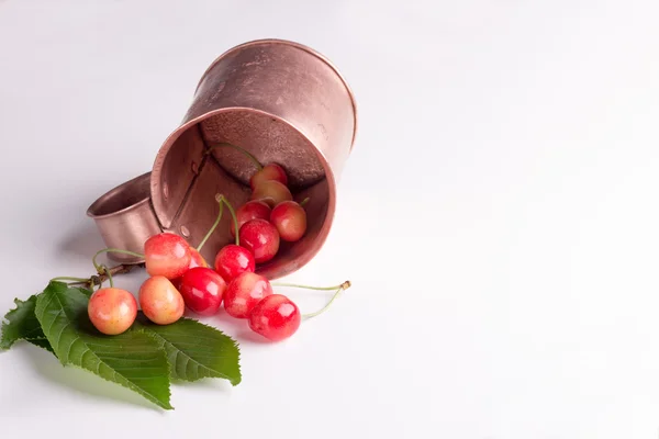 COPPER MUG with white cherries on a white background — Stock Photo, Image