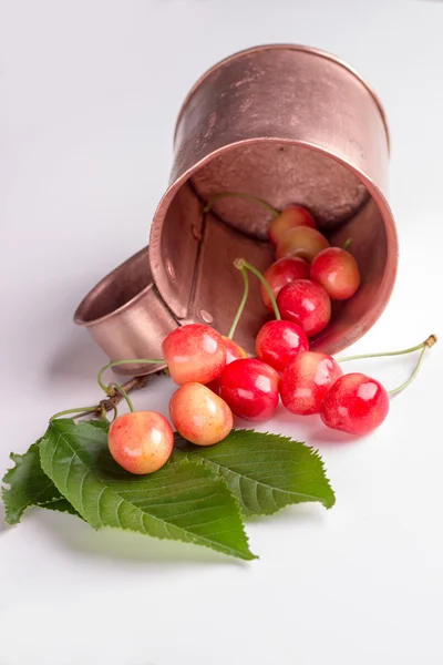 COPPER MUG with white cherries on a white background — Stock Photo, Image