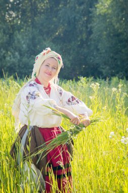 young girl, Ukrainian national costume, works in the fields, rea
