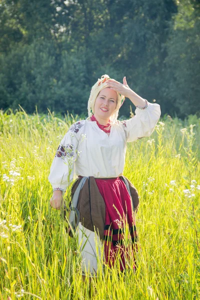 Jovem, traje nacional ucraniano, trabalha nos campos, rea — Fotografia de Stock