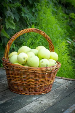 Beyaz elma çeşitli Papirovka üzerinde eski bir woode hasır sepet içinde