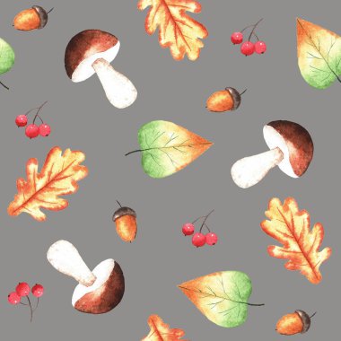 Suluboya sonbahar pürüzsüz desen. Yapraklar, meşe palamutları, böğürtlenler ve mantarlarla elle çizilmiş.. 