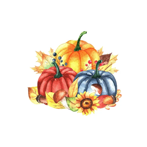Autumn composition with watercolor pumpkins, leaves, mushrooms, berries and sunflower. Autumn illustration on white background. — Stock Photo, Image