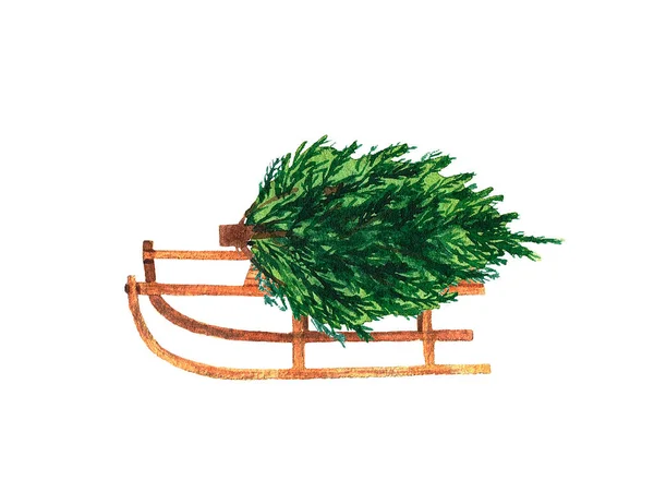 Aquarell-Weihnachtsbaum auf einem Schlitten auf weißem Hintergrund. Handgezeichnete Neujahrs- und Weihnachtsillustration. — Stockfoto