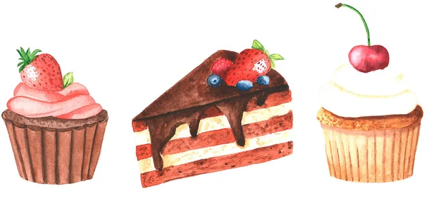 Handgezeichnetes Set von Desserts. Aquarell-Illustration auf weißem Hintergrund — Stockfoto