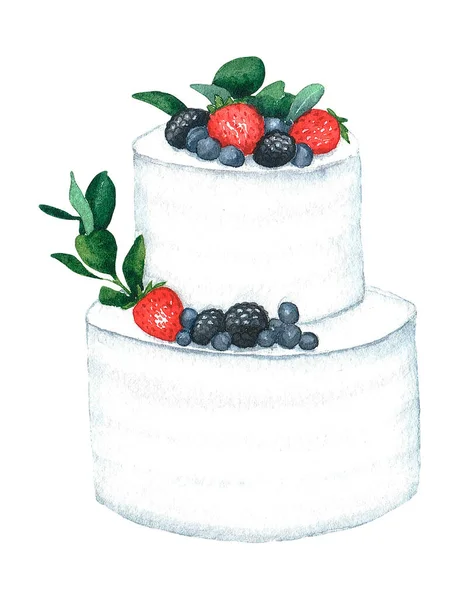 Pastel de boda. Acuarela ilustración dibujada a mano sobre fondo blanco. Perfecto para invitaciones, bodas o tarjetas de felicitación — Foto de Stock