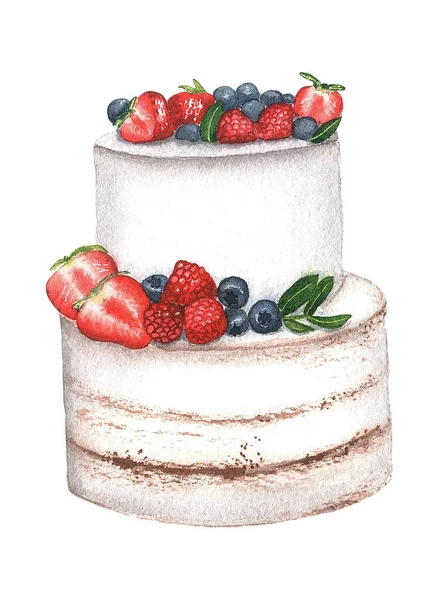 Akwarelowy tort weselny. Ręcznie rysowana ilustracja na białym tle. Idealny na zaproszenia, wesela lub kartki okolicznościowe — Zdjęcie stockowe