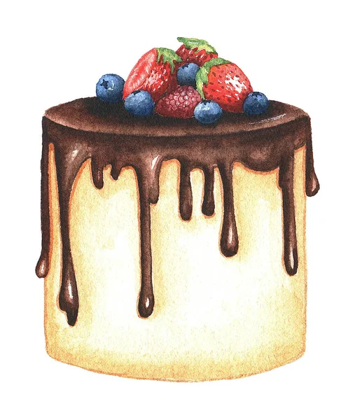 Handgezeichnete Aquarell-Illustration von Kuchen mit Glasur und Beeren, isoliert auf weißem Hintergrund. Geburtstagstorte — Stockfoto