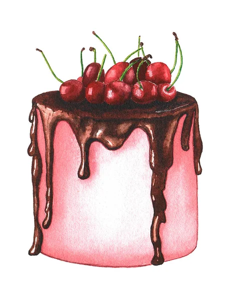 Acuarela dibujada a mano ilustración de pastel de cumpleaños con cerezas. Postre dulce de la torta para el logotipo de la panadería — Foto de Stock