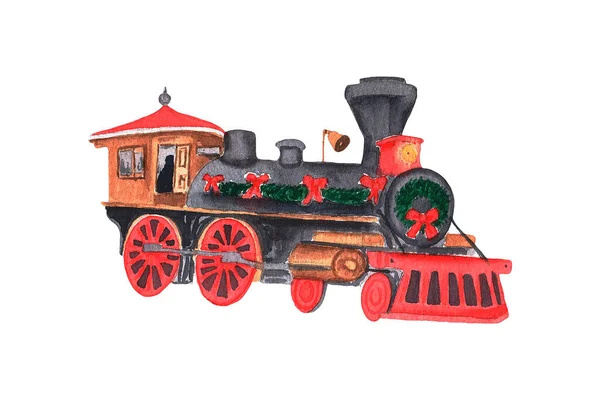 Watercolor steam train. Hand drawn Christmas train illustration — Stock Photo, Image