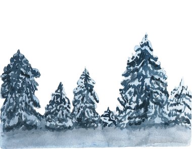 El yapımı suluboya kozalaklı orman çizimi. Kış doğası, karlı orman, tatil geçmişi, kozalaklı ağaç, kar. Kış için Noel tasarımı