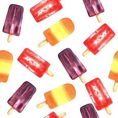 Beyaz arka planda izole edilmiş suluboya dondurmalı kusursuz desen. El boyaması tatlı tatlı tatlı arka planı Tekstil ve yapıştırma kitabı için mükemmel