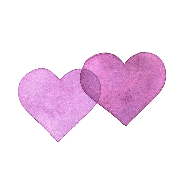 수채화 심장 두 개. 손으로 그린 그림은 흰색 배경에 분리되어 있습니다. 상징적 사랑. 발렌틴들의 날 테마 — 스톡 사진