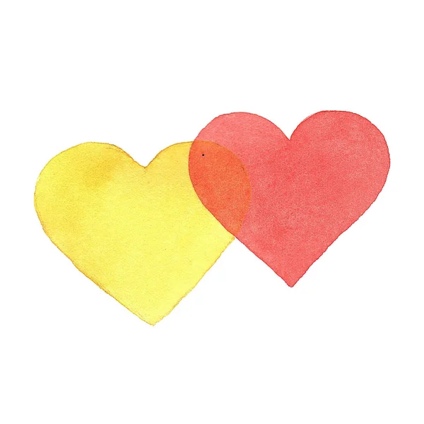 심장이 몇 개야. 노랑과 빨강. 손으로 그린 물감은 흰색 배경에 분리되어 있다. 발렌틴들의 날 테마 — 스톡 사진