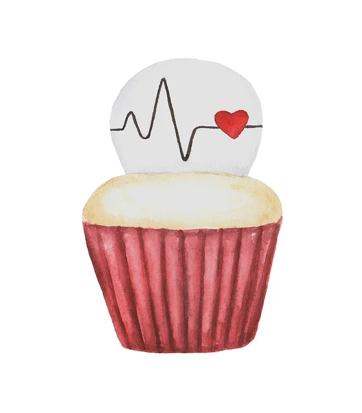 Cupcake acquerello disegnato a mano dedicato a San Valentino — Foto Stock