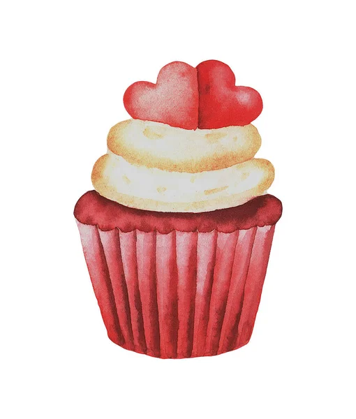 Handmålade akvarell cupcake med två röda hjärtan, isolerade på den vita bakgrunden — Stockfoto