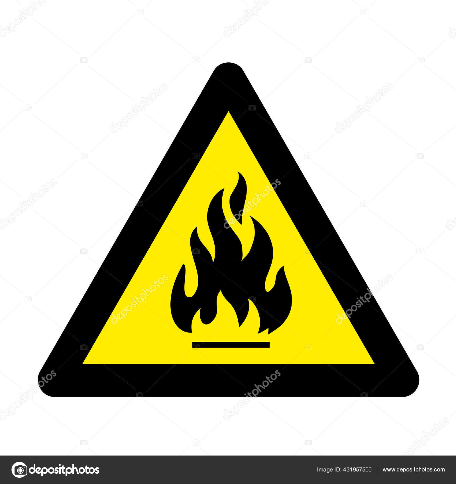 Fire warning sign in yellow triangle, isolated on white background