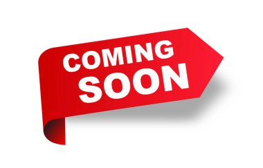 Yakında kırmızı kurdele etiket afişi geliyor. Açık şimdi imzalayın ya da yakında etiketleyin. Vektör illüstrasyonu.