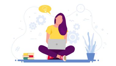 Bacak bacak üstüne atmış, dizüstü bilgisayar ve ampullerle çalışan bir kadınla iniş sayfası. Fikir üretme kavramı, yenilikçi düşünce, yaratıcılık. Web pankartı için düz vektör illüstrasyonu