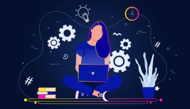 Genç bir kadın bir masada dizüstü bilgisayarla çalışıyor. Evde oturan öğrencilerin iş akışının gradyan doğrusal vektör çizimi. Kapalı alanda gençliğin öğretilmesi ve öğrenilmesi için eğitici ön koşullar. 