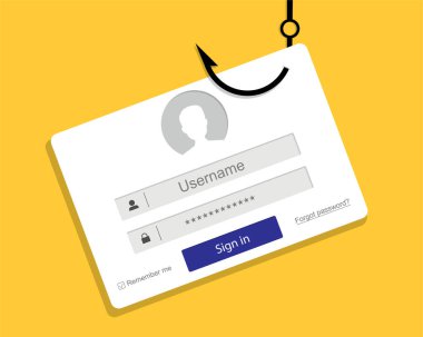 Phishing kavramı. Hacker bir olta iğnesiyle giriş, hesap, kullanıcı adı ve şifre bilgilerini çalıyor. Düz tasarım, vektör illüstrasyonu