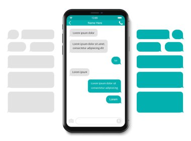 Akıllı Telefon sohbet şablonları kabarcıklar. Mesaj bulutlarına kendi metnini yerleştir. Örnek baloncuklar kullanarak diyaloglar oluştur