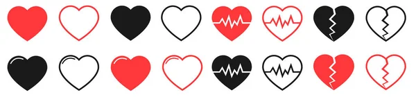 Herzvektorsymbole. Herzschlag gebrochenes Herz und normales Herz. Sammlung von Liebessymbolen — Stockvektor