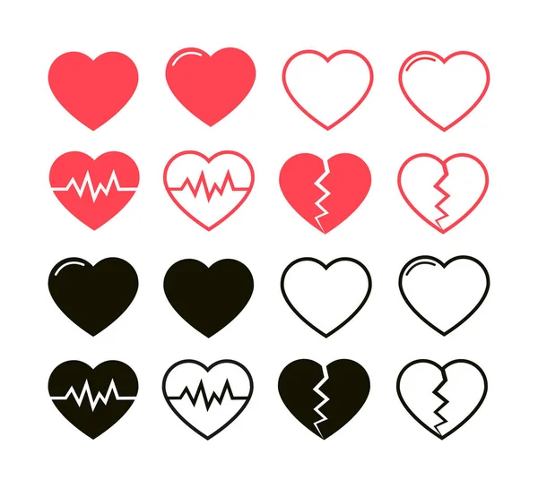 Corazón forma iconos conjunto. La clínica de cardiología elenco conceptos. Ritmo cardíaco, corazón roto, signo de amor y símbolo de relación romántica. Vector rojo y negro silueta ilustraciones. — Vector de stock