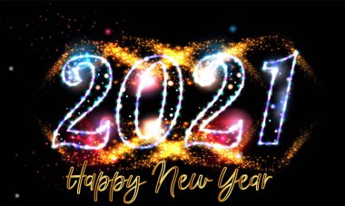 2021 Mutlu Yıllar Parlak metin tasarımı ve siyah zemin üzerinde altın ışık - Mutlu Yeni Yıl 2021 Siyah Arkaplan Mavi ve Altın Işık illüstrasyonu - Yeni Yıl Arkaplan 2021