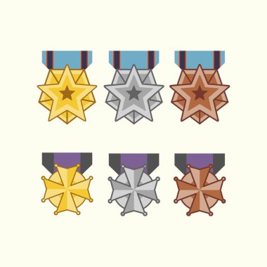 Basit düz dizayn tarzıyla 10 bölüm içinde video oyunu, poster veya animasyon için altın gümüş bronz madalya